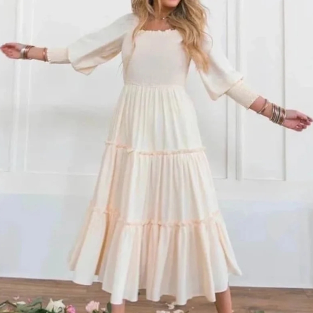 Ivy City Co Cream Smocked Bishop Sleeve Maxi Dress